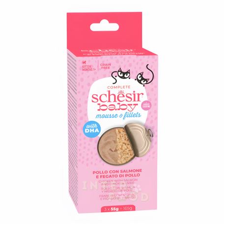 Schesir Baby gatto - Pollo con Salmone e Fegato di Pollo - in mousse e filetti - 3x55g in lattina 1